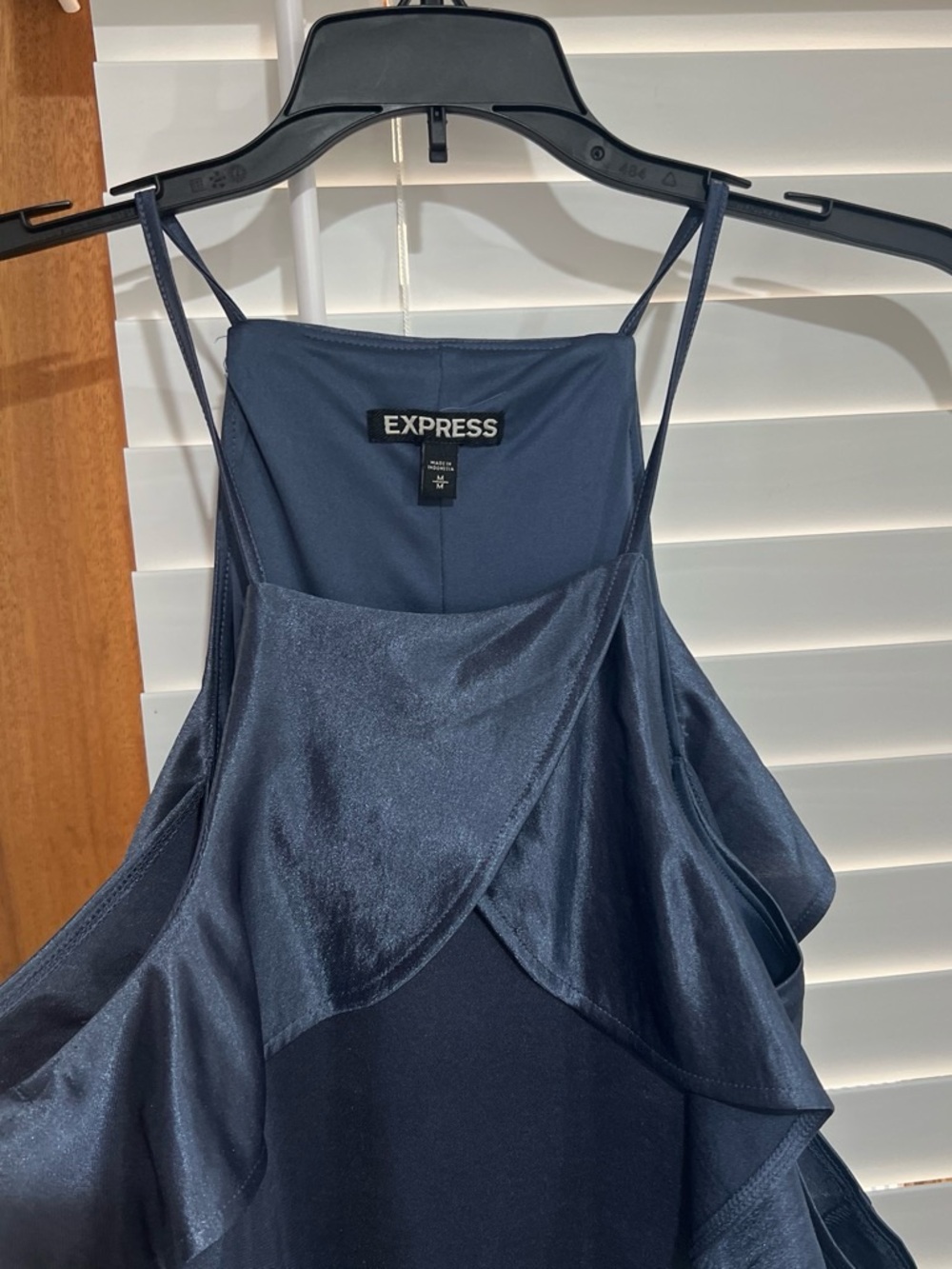 Express Navy Satin Ruffle Cami Dress with Spaghetti Straps